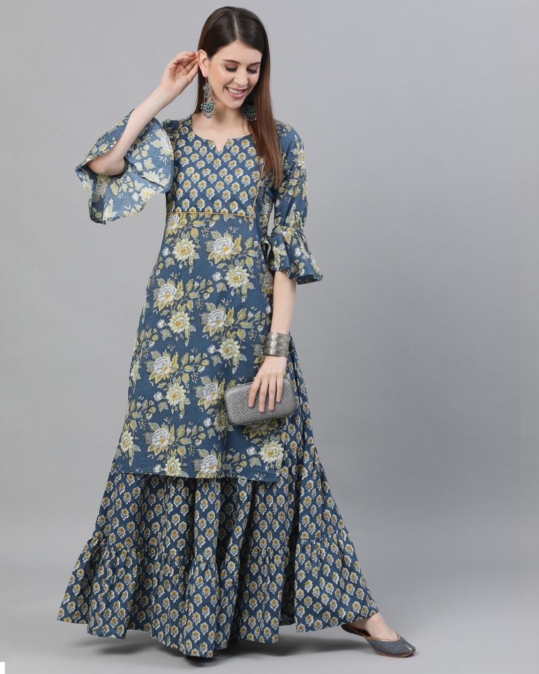 Shop Blue & Yellow Floral Printed Kurta With Skirt Set