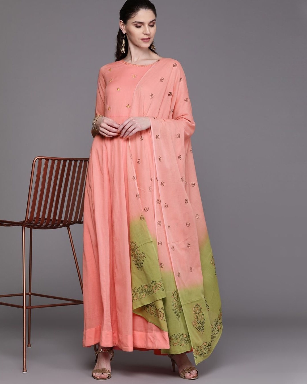 Shop Embroidered Dress With Yellow And Orange Leaf Motif And Dupatta