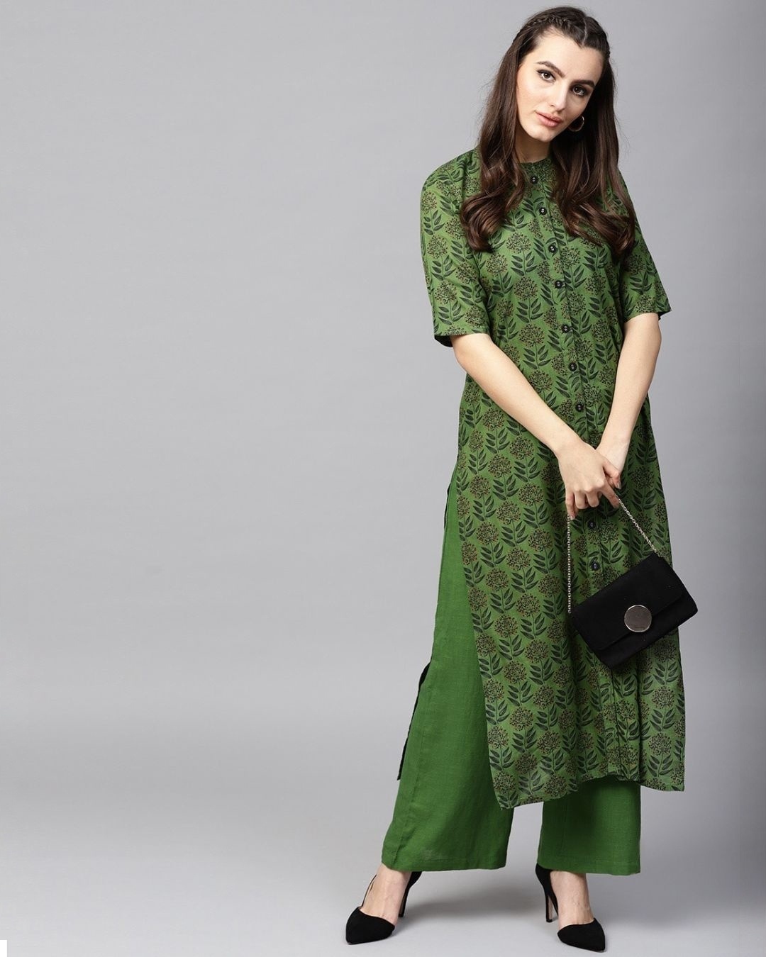 Shop Green Printed Button Down Kurta With Solid Palazzo Set-Front