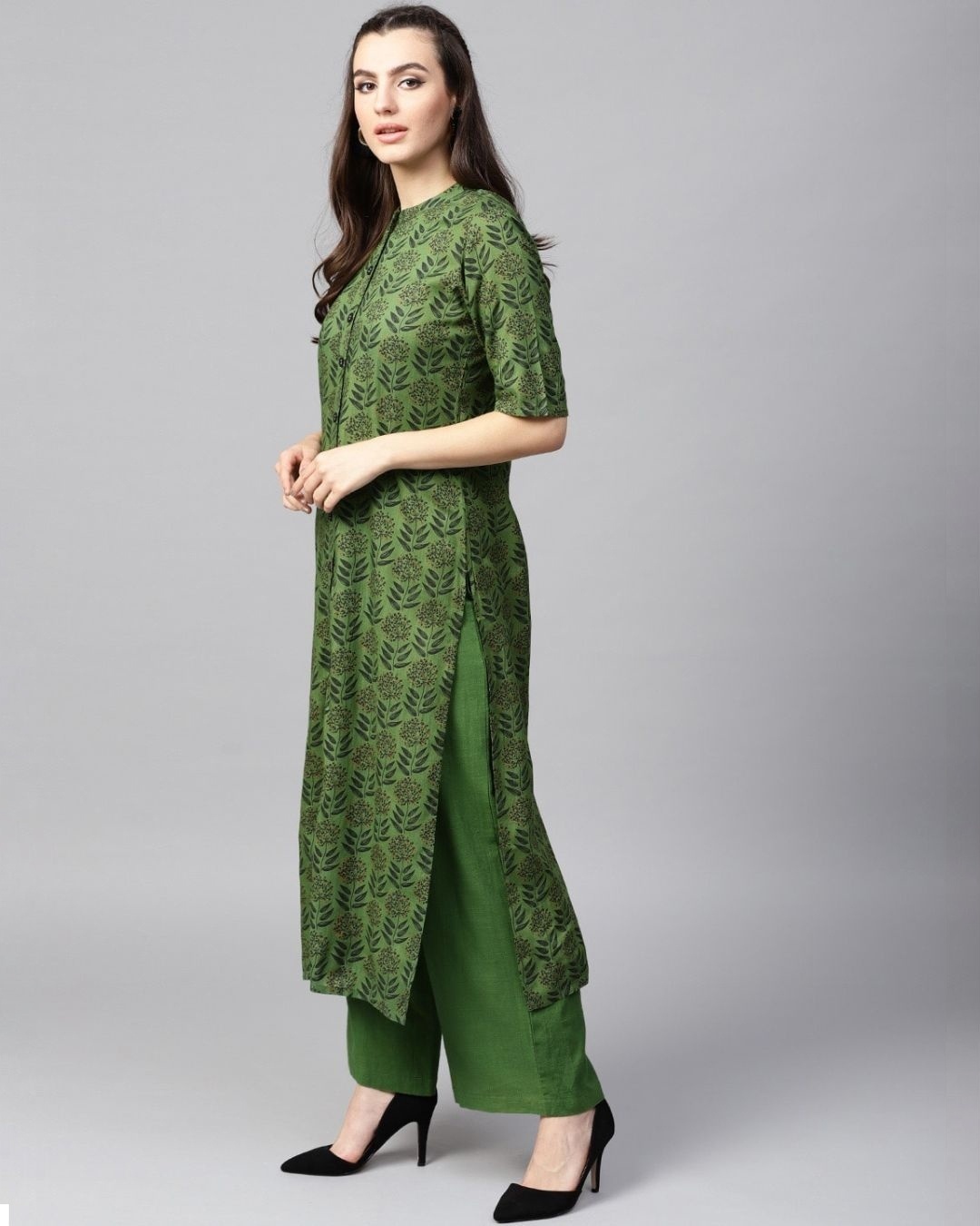 Shop Green Printed Button Down Kurta With Solid Palazzo Set-Design
