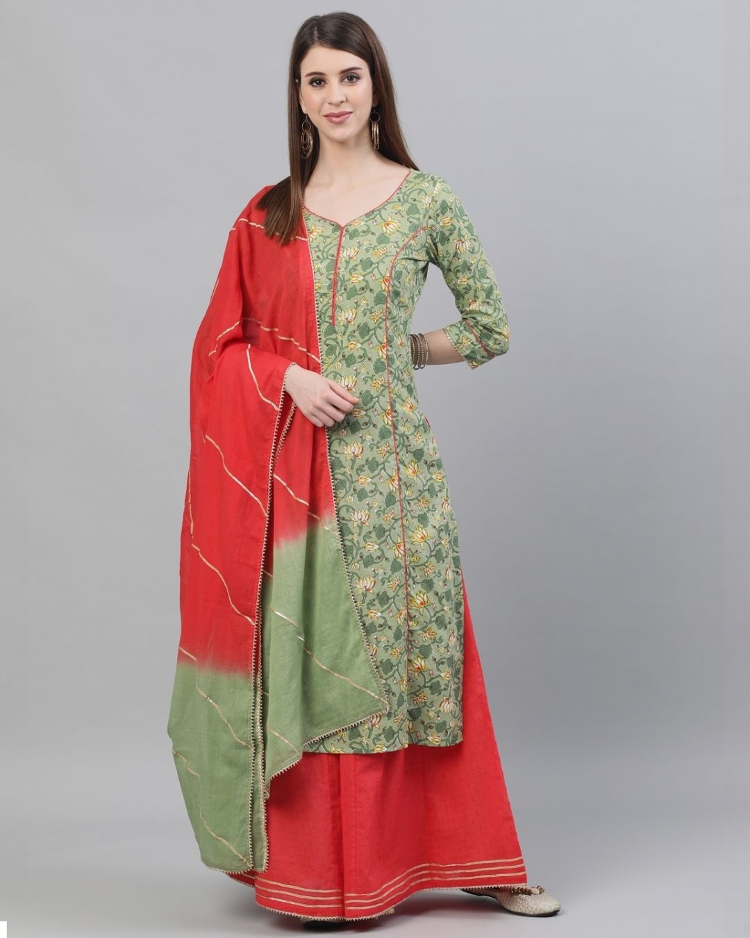 Shop Green & Red Floral Printed With Gotta Patti Work Kurta Set-Front