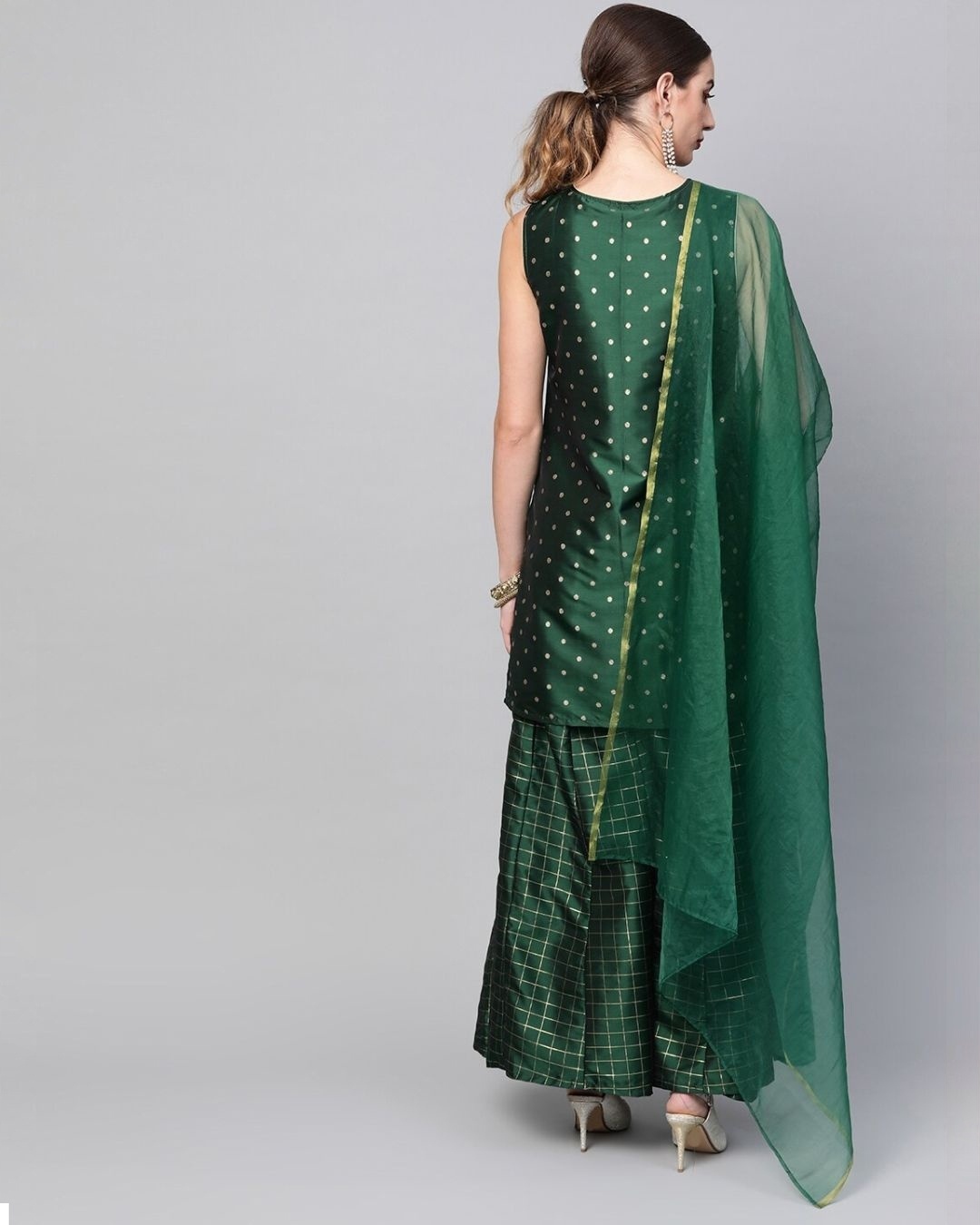 Shop Green Self Designed Kurta Set With Kali Palazzo With Dupatta-Back