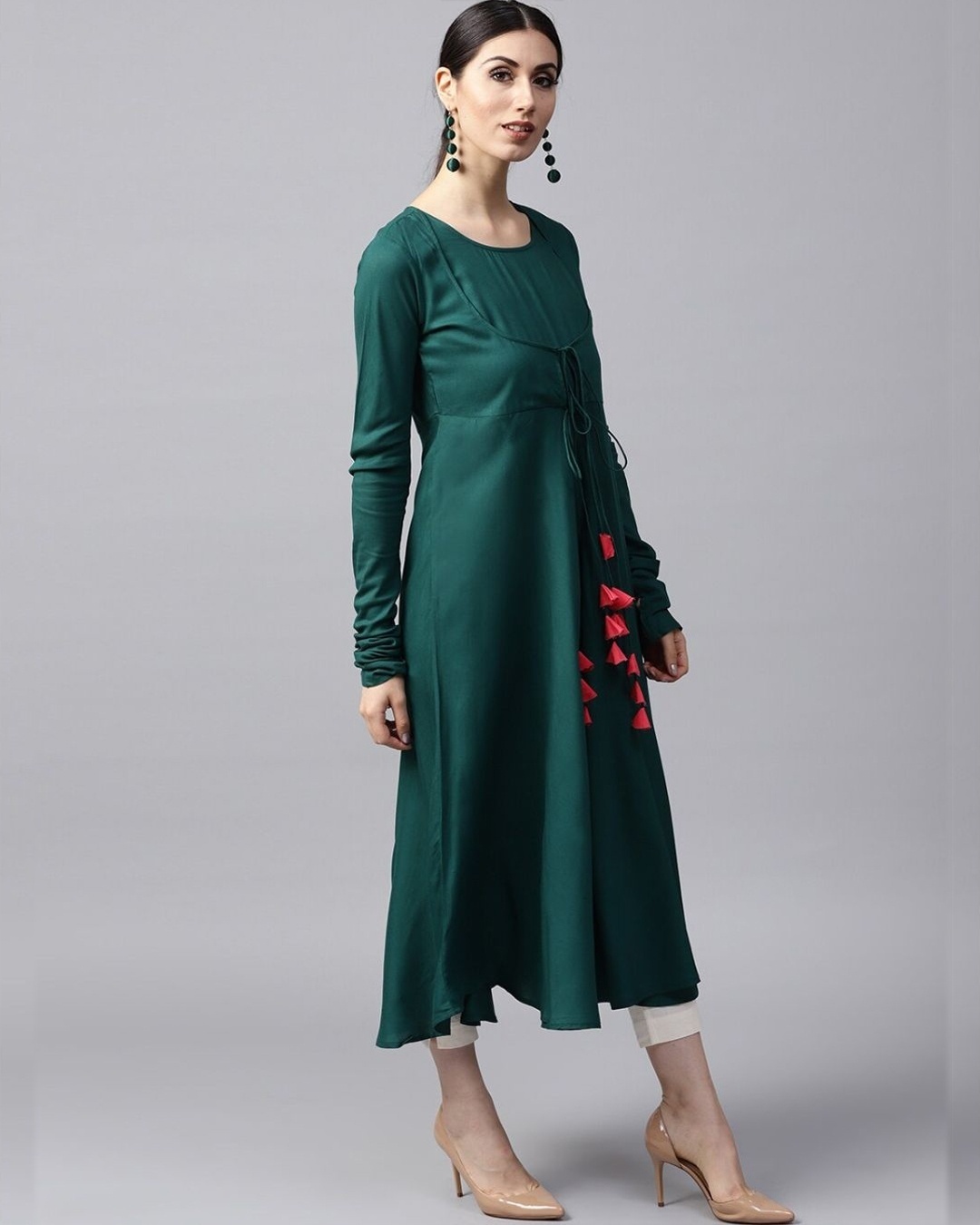 Shop Green Solid Flared Anarkali With Churidar Sleeve-Design