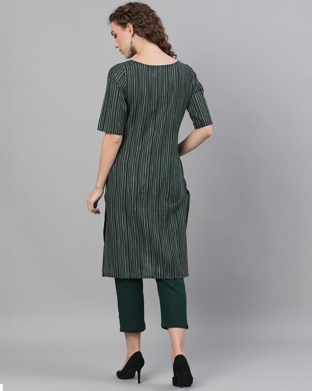 Shop Green Striped Woven Design Straight Kurta With Capri Set-Back