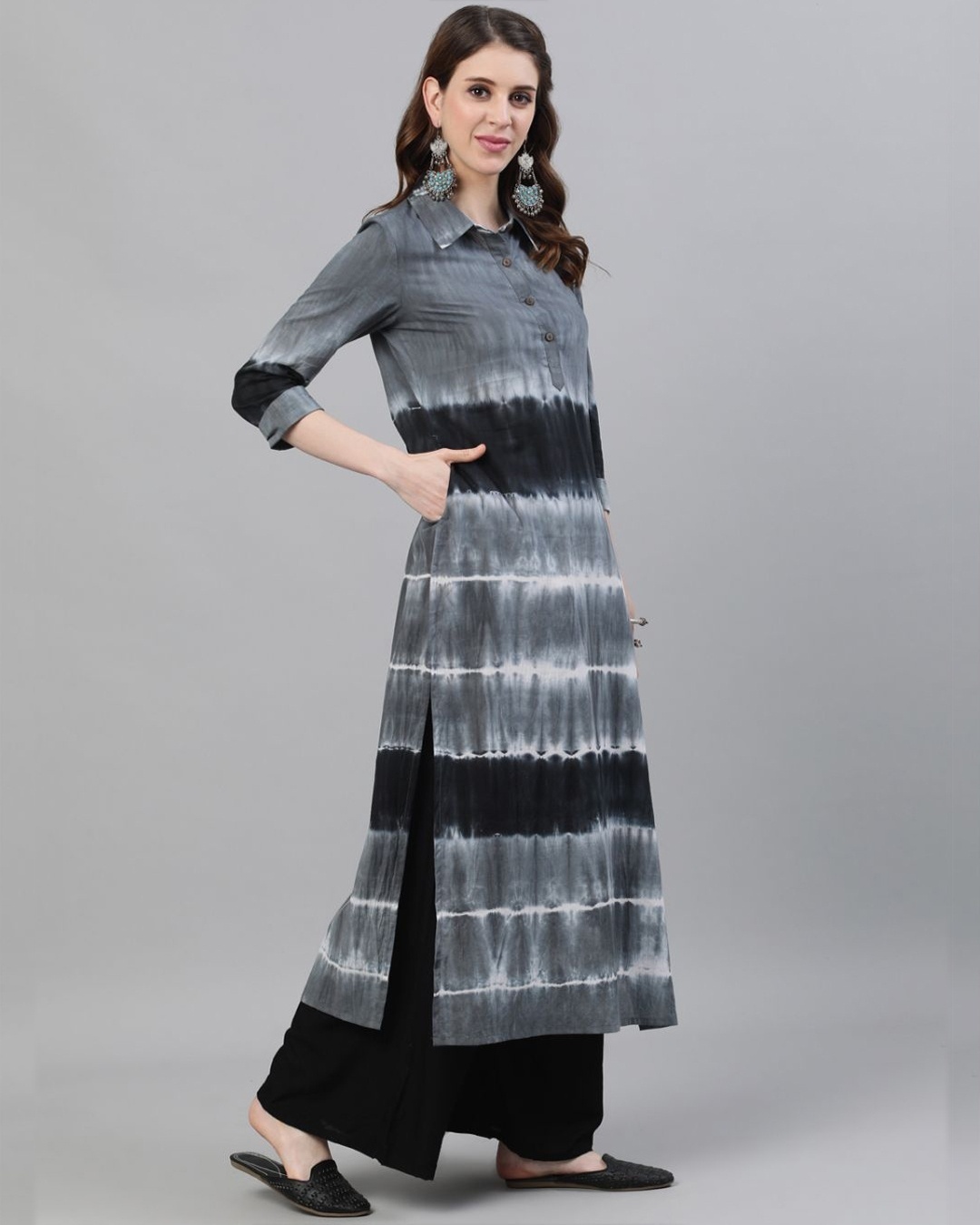 Shop Grey & Black Tie & Dye Printed Pathani Kurta-Design