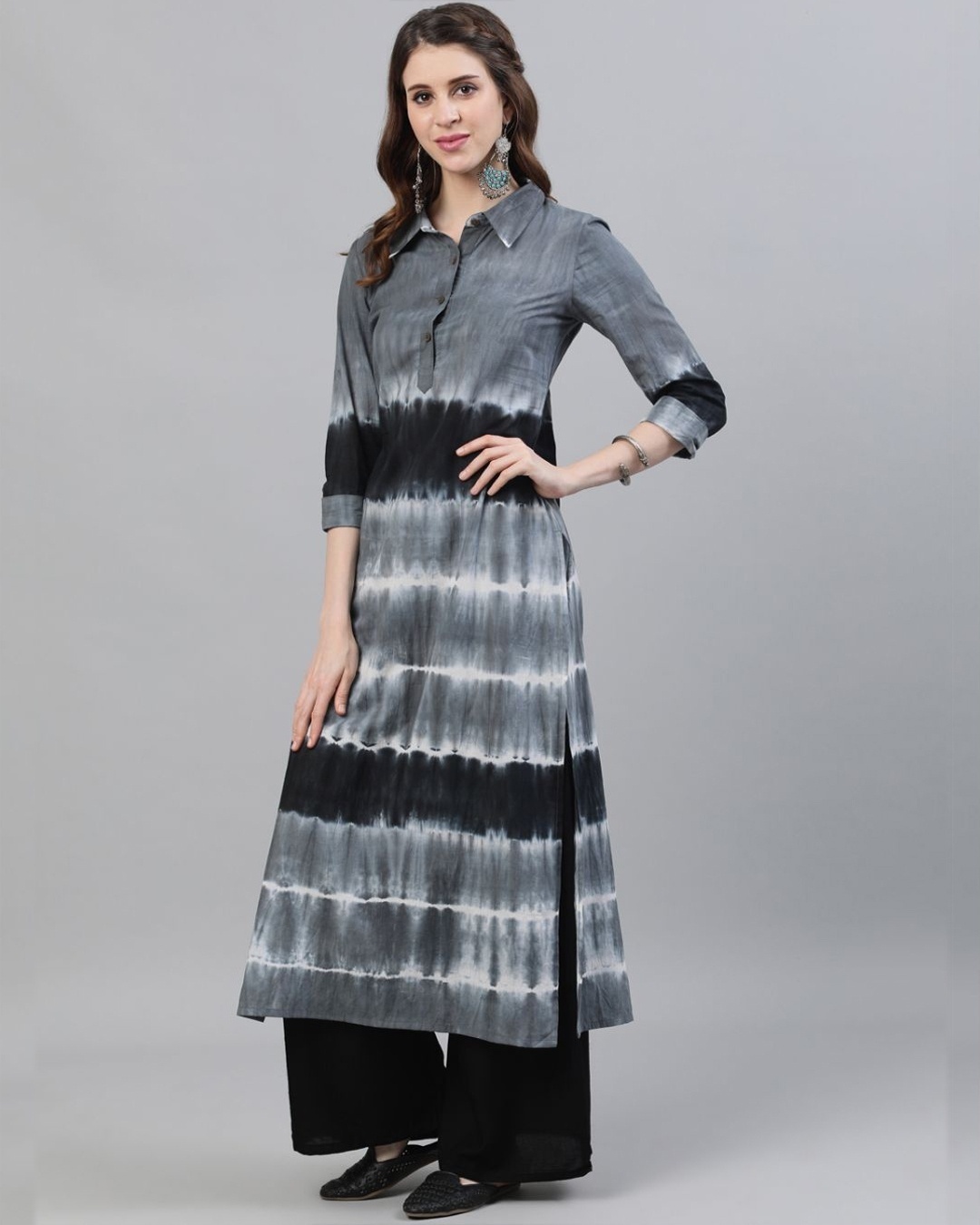 Shop Grey & Black Tie & Dye Printed Pathani Kurta-Full