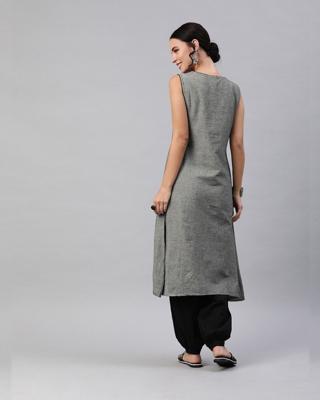 Shop Grey Chambray Embroidered A Line Dress-Back