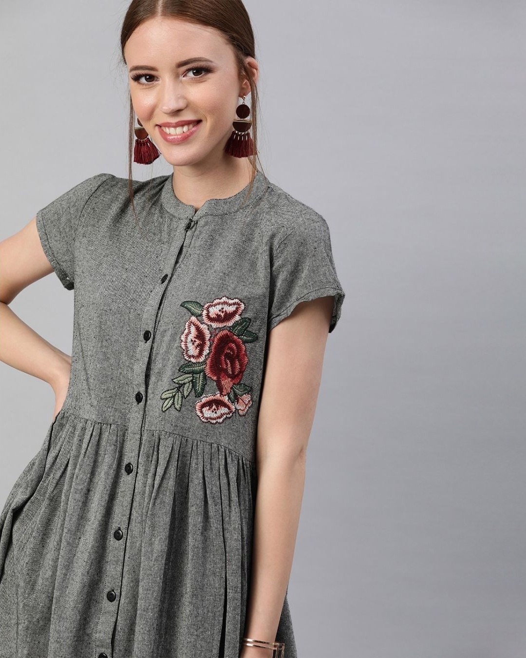 Shop Grey Chambray Embroidered Pleated A Line Kurta-Full