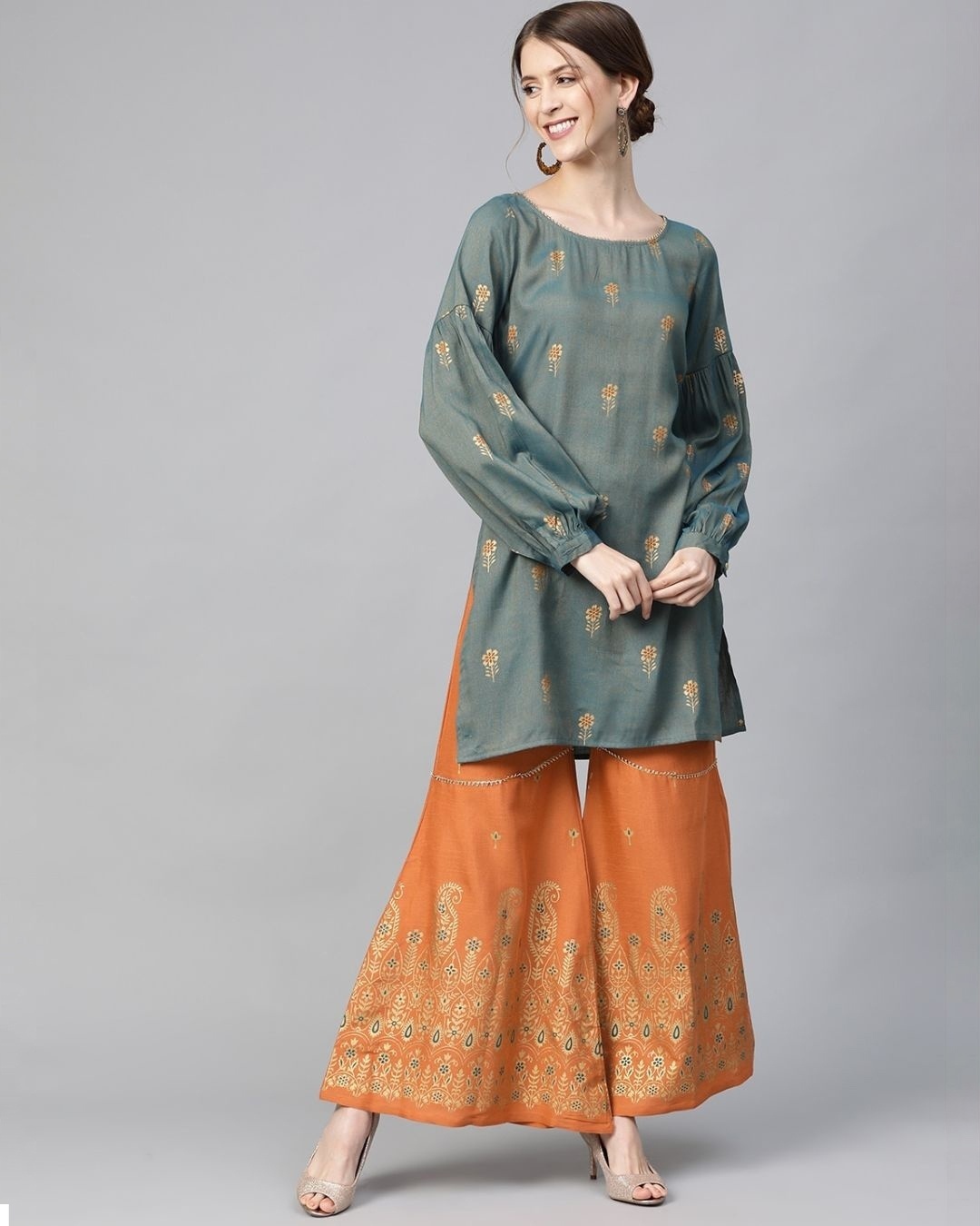 Shop Grey & Orange Gold Print Kurta Sharara Set-Front