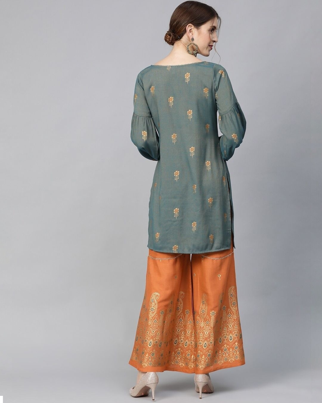 Shop Grey & Orange Gold Print Kurta Sharara Set-Back