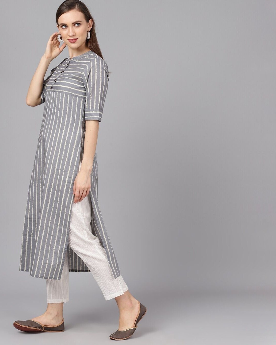Shop Grey & White Striped Kurta-Design