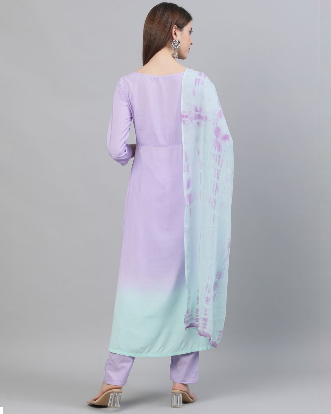 Shop Lavender & Turquoise Blue Ombre Printed A Line Kurta With Pant & Dupatta Set-Back