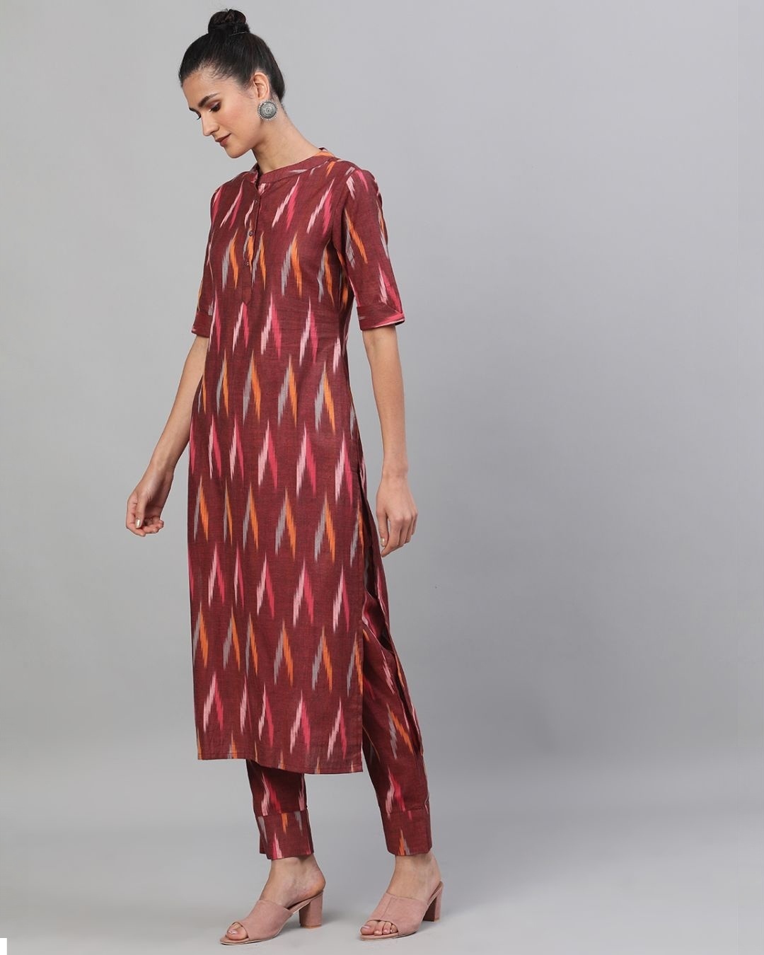Shop Maroon Ikat Handloom Woven Design Kurta With Pant Set-Design