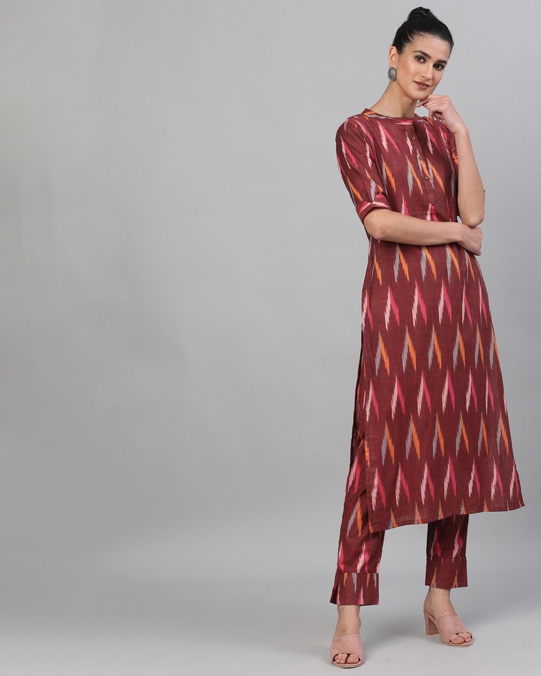 Shop Maroon Ikat Handloom Woven Design Kurta With Pant Set-Full