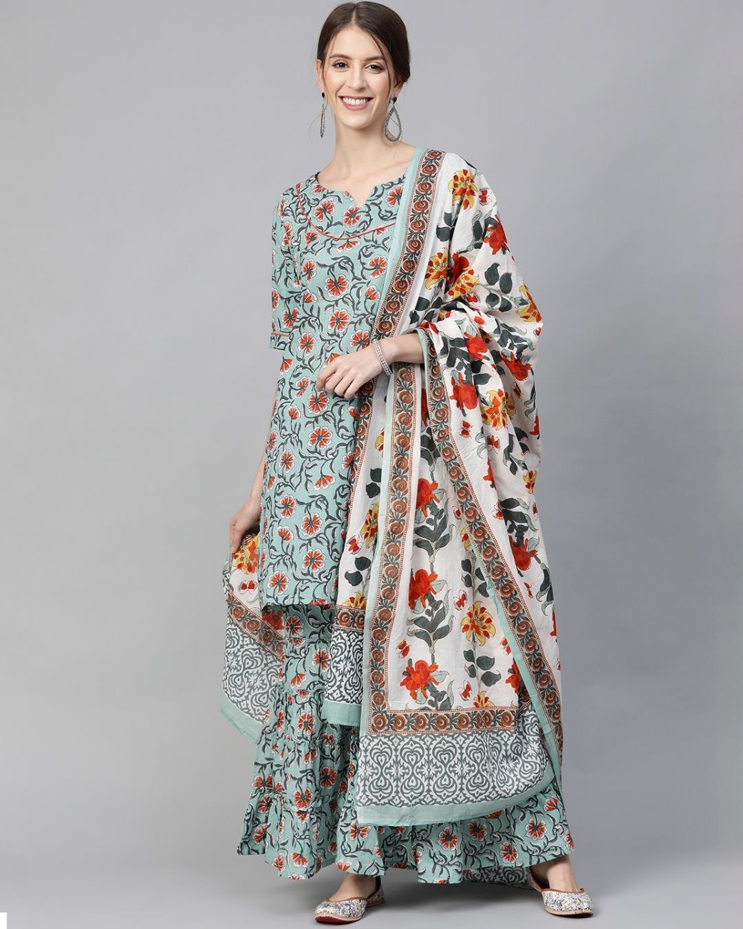 Buy AKS Pastel Blue & Orange Printed Kurta Set With Dupatta Online in ...