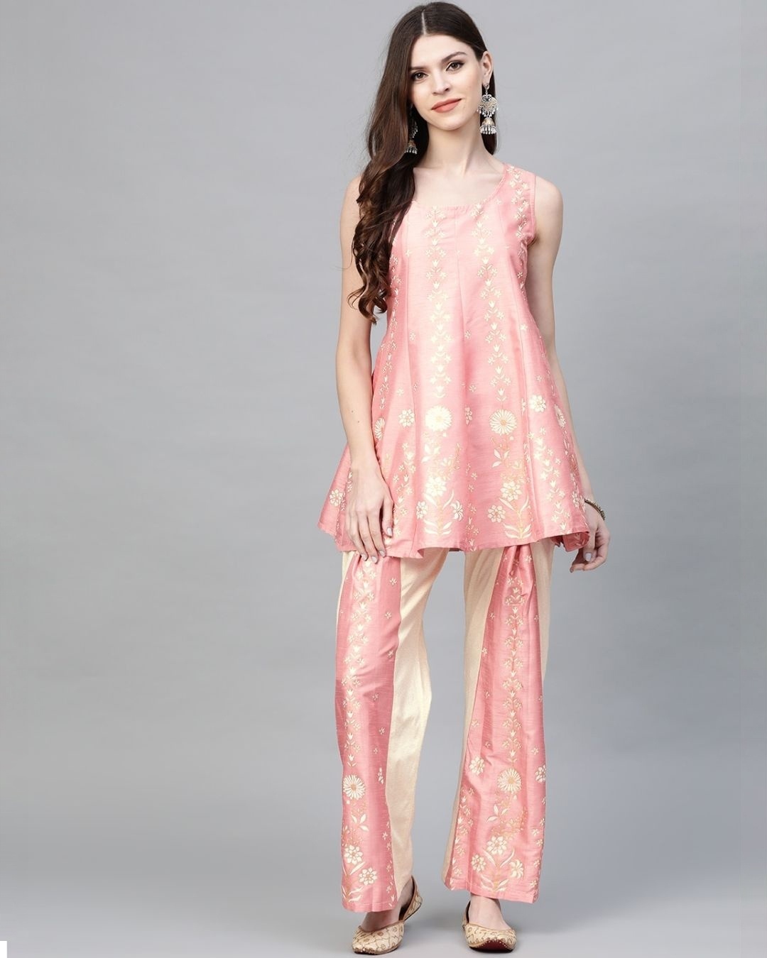 Shop Pink Chanderi Foil Print Kurta Sharara Set-Front