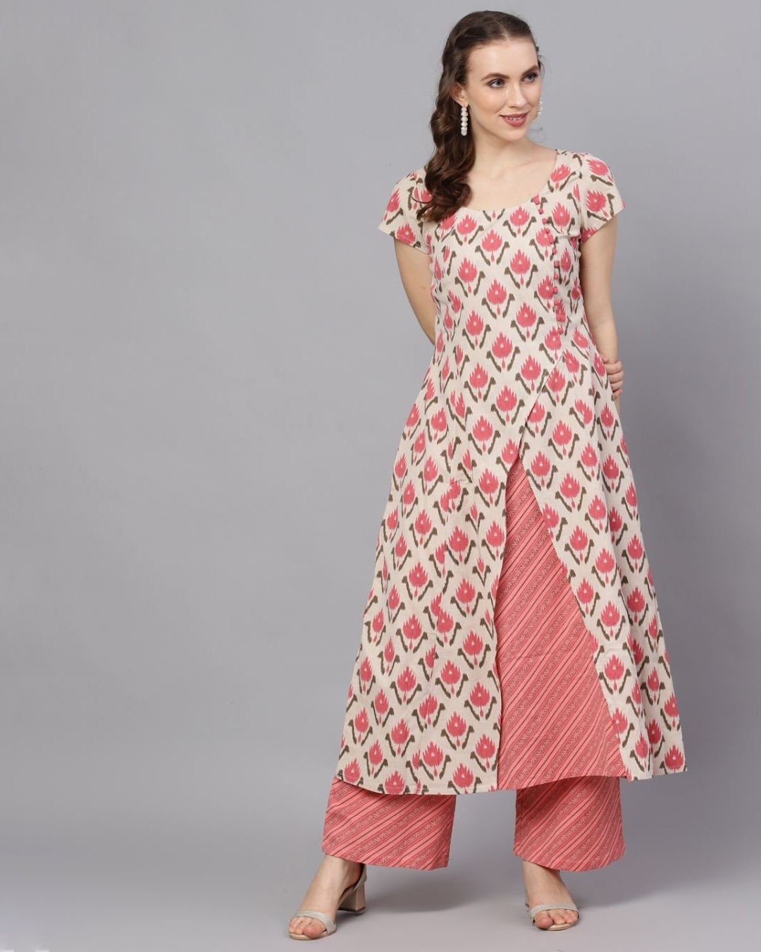 Shop Pink & Cream Ikat Printed Layered Kurta-Front