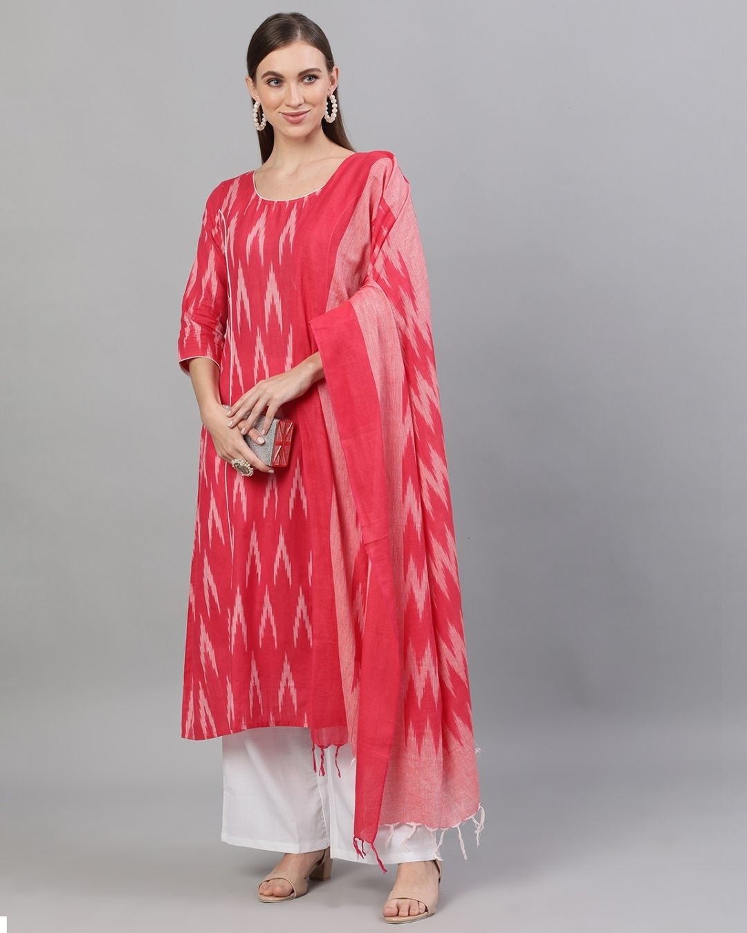 Shop Pink & White Ikat Handloom Woven Design Kurta & Palazzo And Dupatta Set