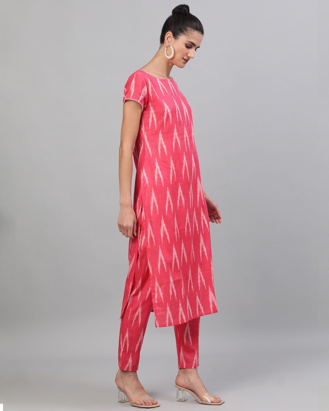 Shop Pink & White Ikat Handloom Woven Design Kurta With Pant Set-Full