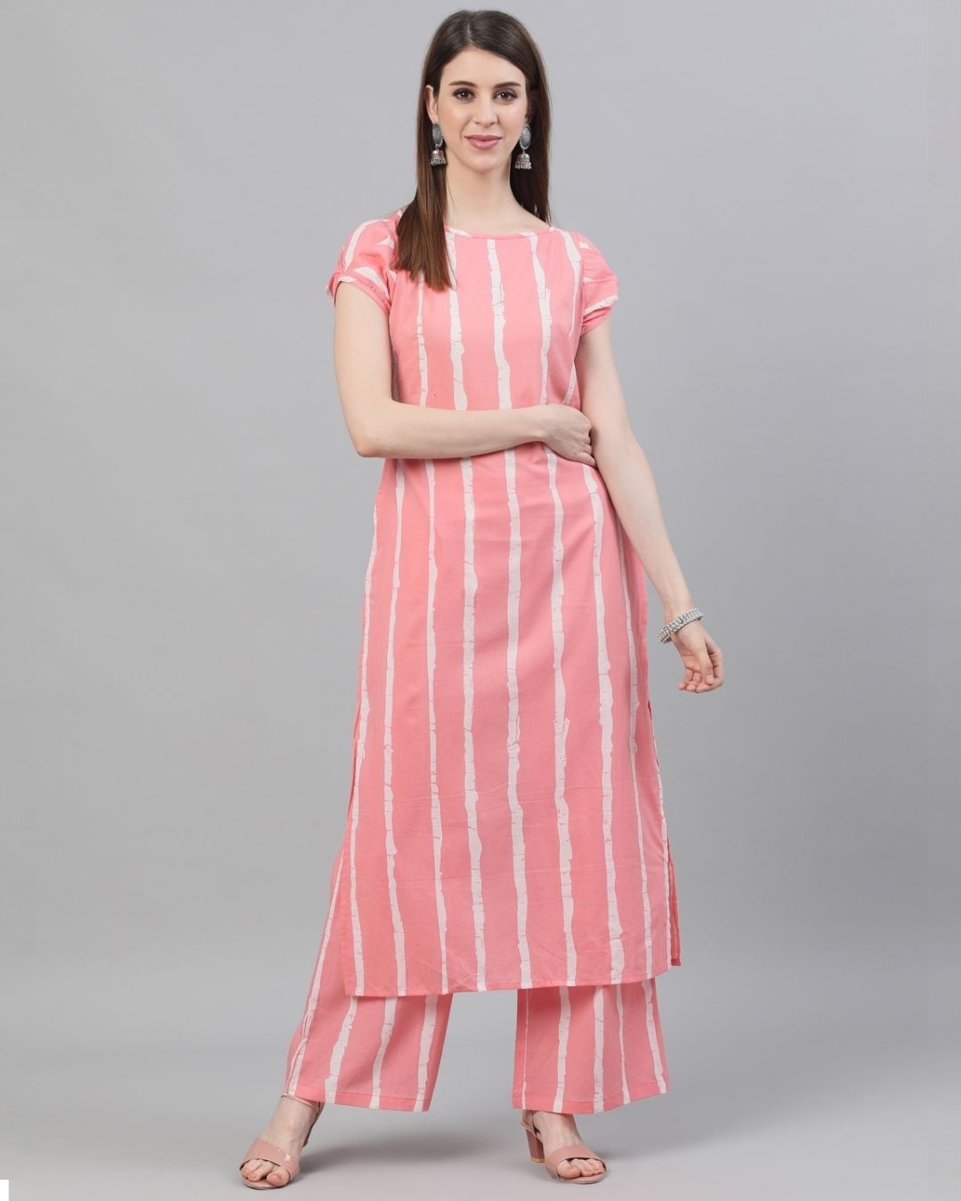 Shop Pink & White Striped Printed Kurta Set-Front