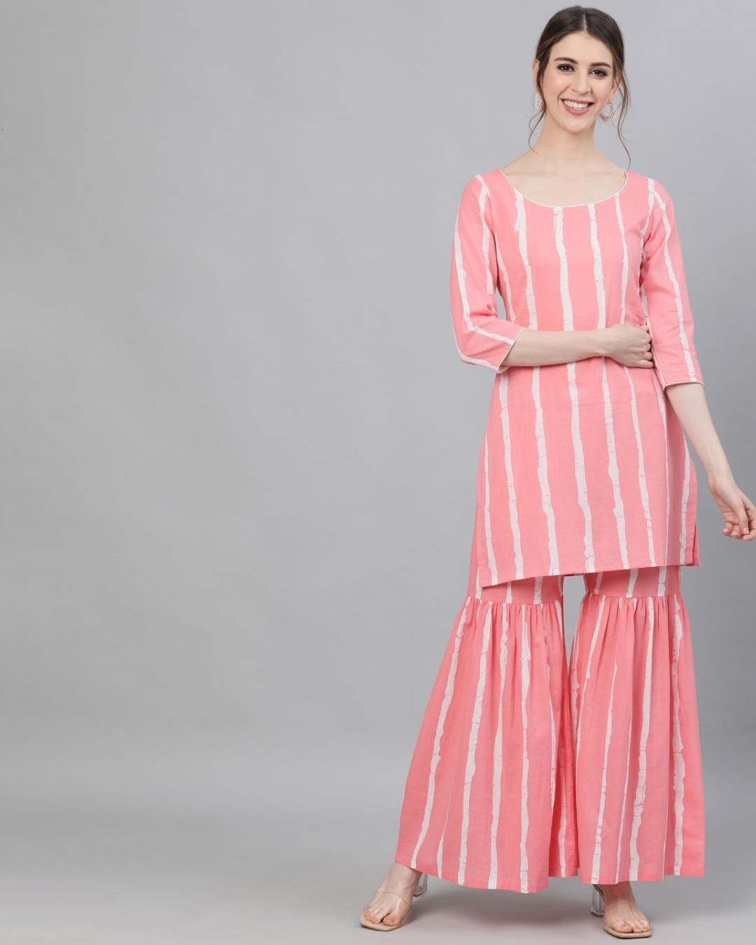 Shop Pink & White Striped Printed Kurta With Sharara Set-Front