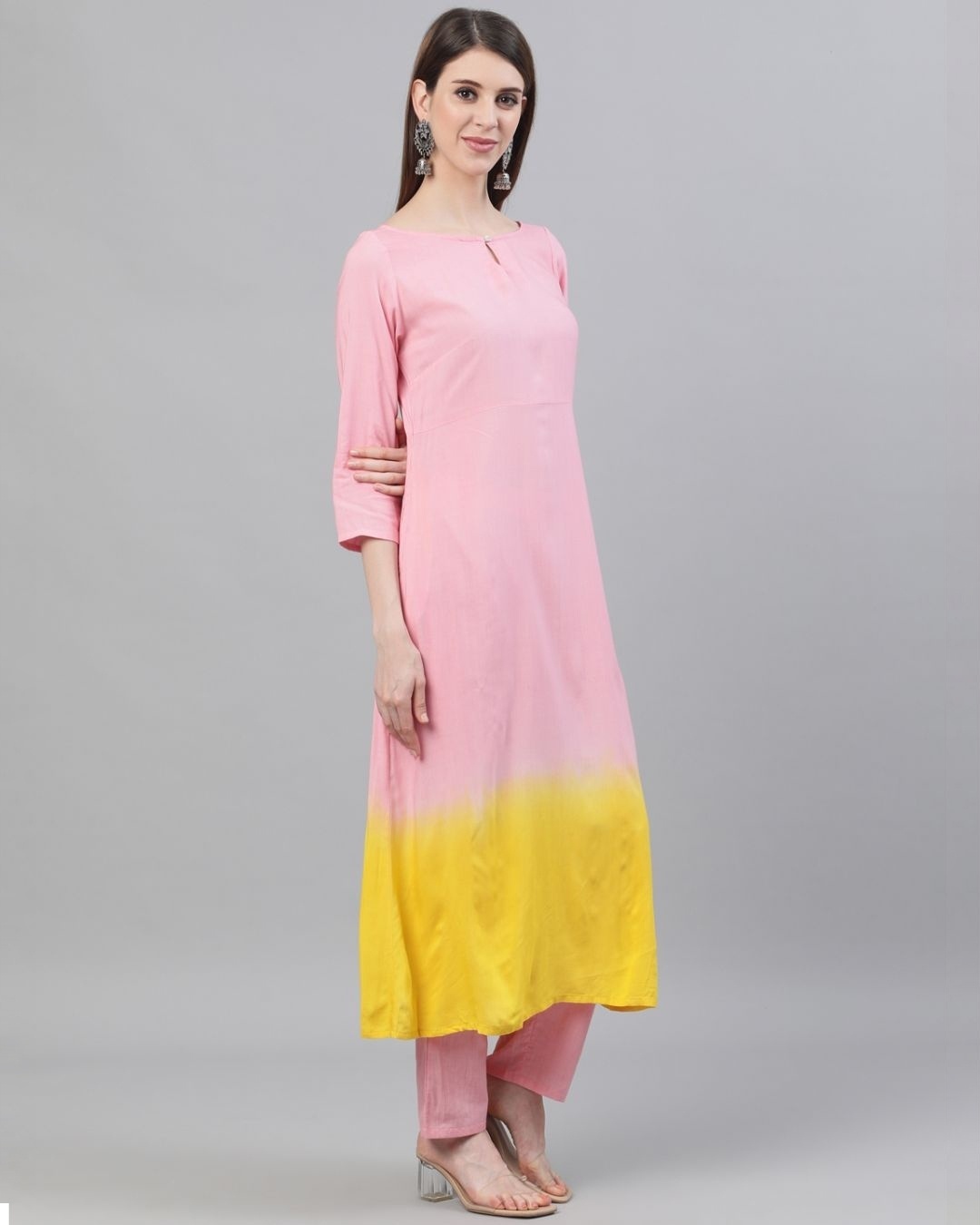 Shop Pink & Yellow Ombre Printed A Line Kurta With Pant & Dupatta Set-Design