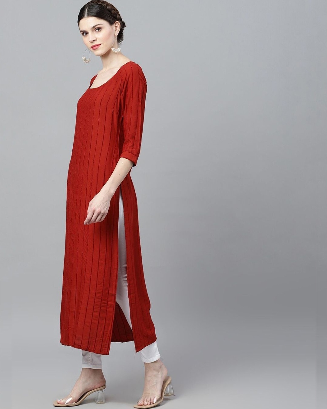 Shop Red & Black Velvet Design Long Kurta-Full
