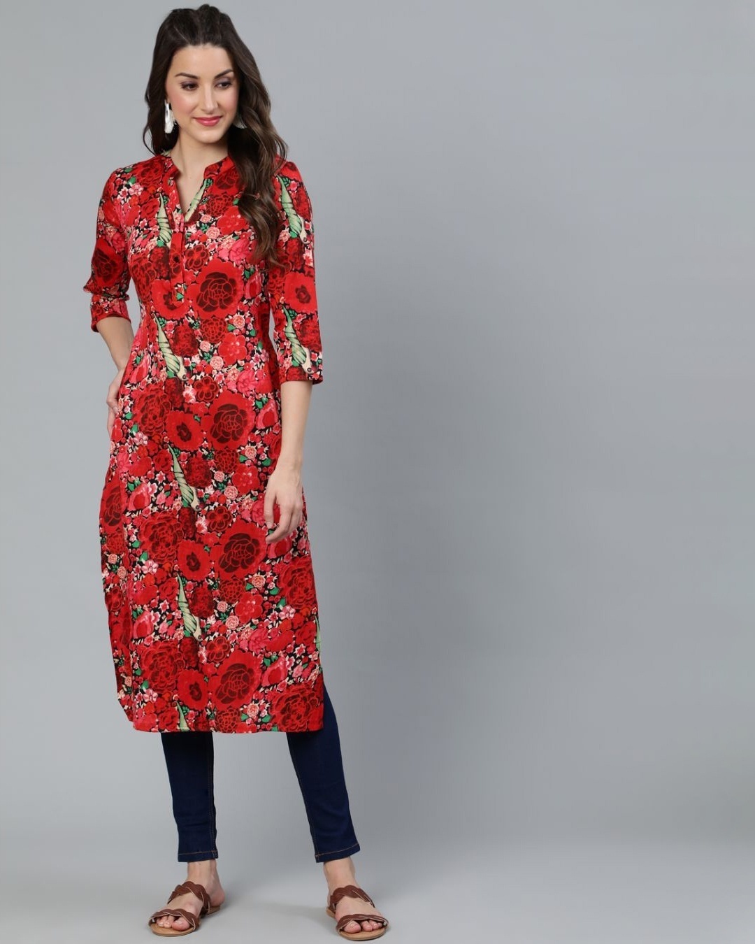 Shop Red Floral Printed Straight Kurta-Front