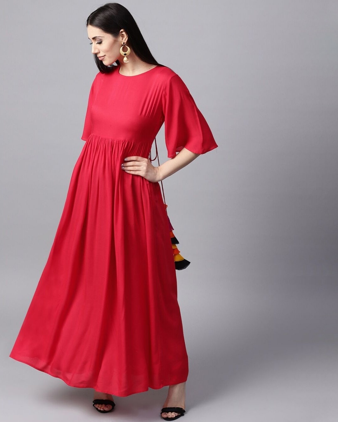 Shop Red Solid Flared Pleated Anarkali