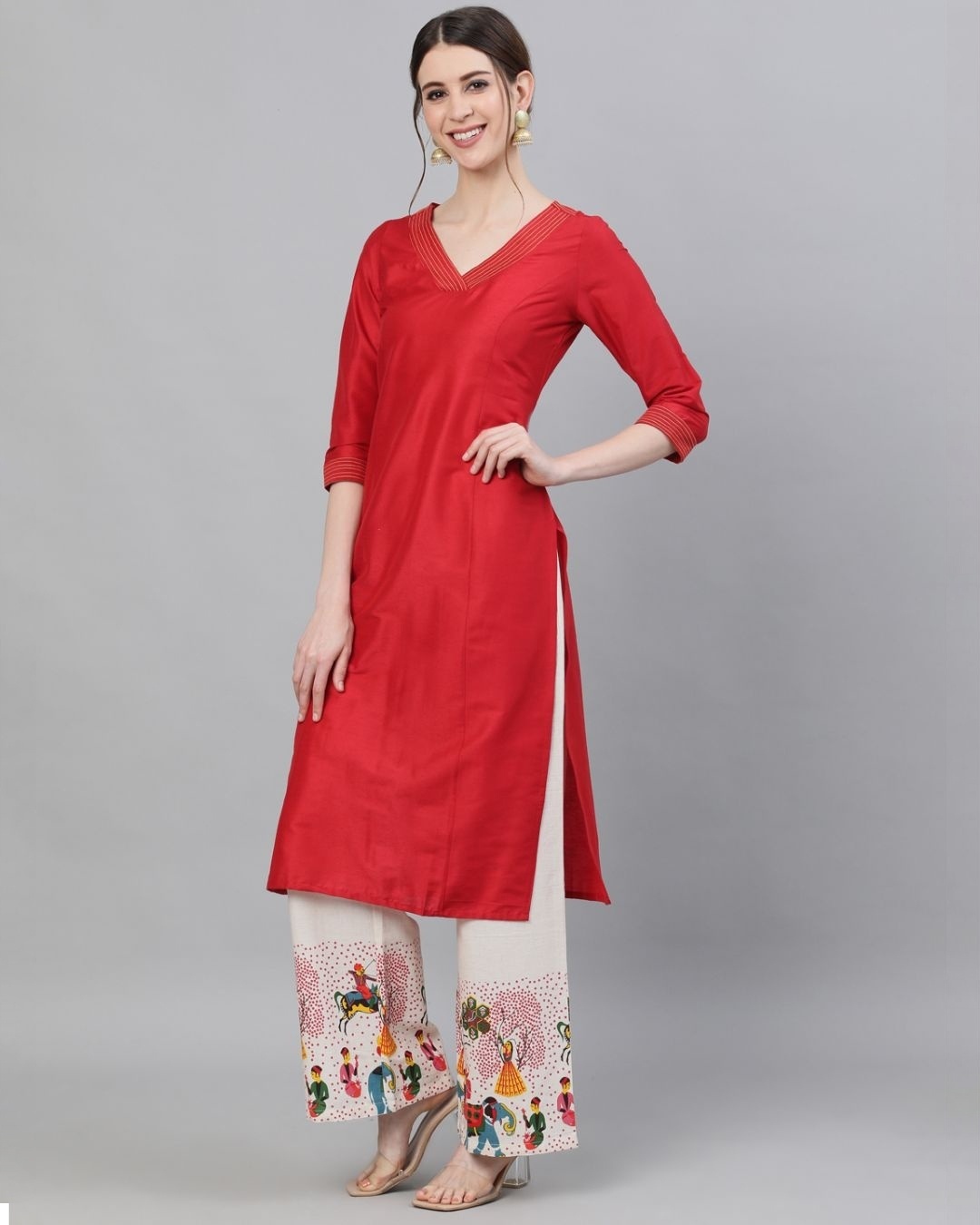 Shop Red Solid Kurta With Printed Palazzo Set-Full