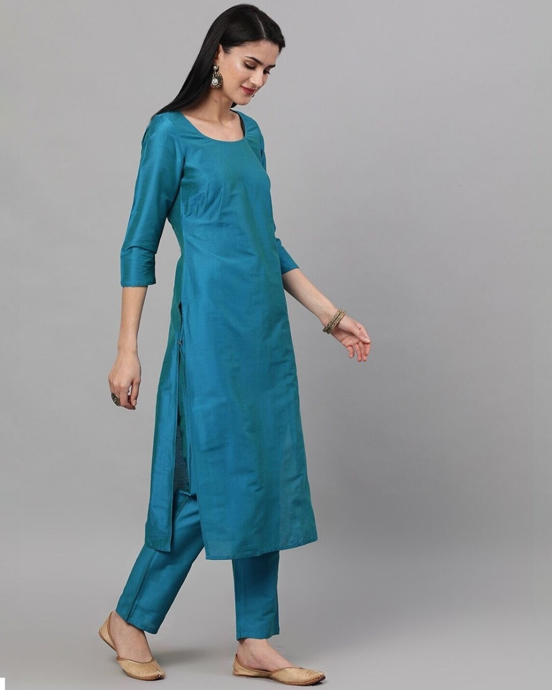 Shop Royal Blue Solid Kurta Set With Ikat Woven Dupatta-Design