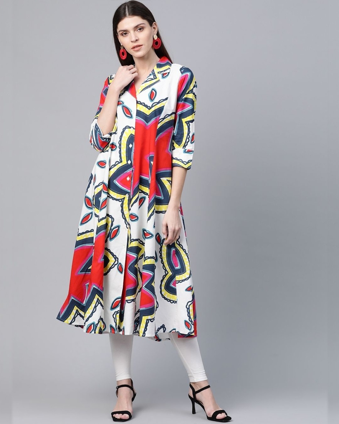 Shop White Red And Yellow A Line Kurta-Front