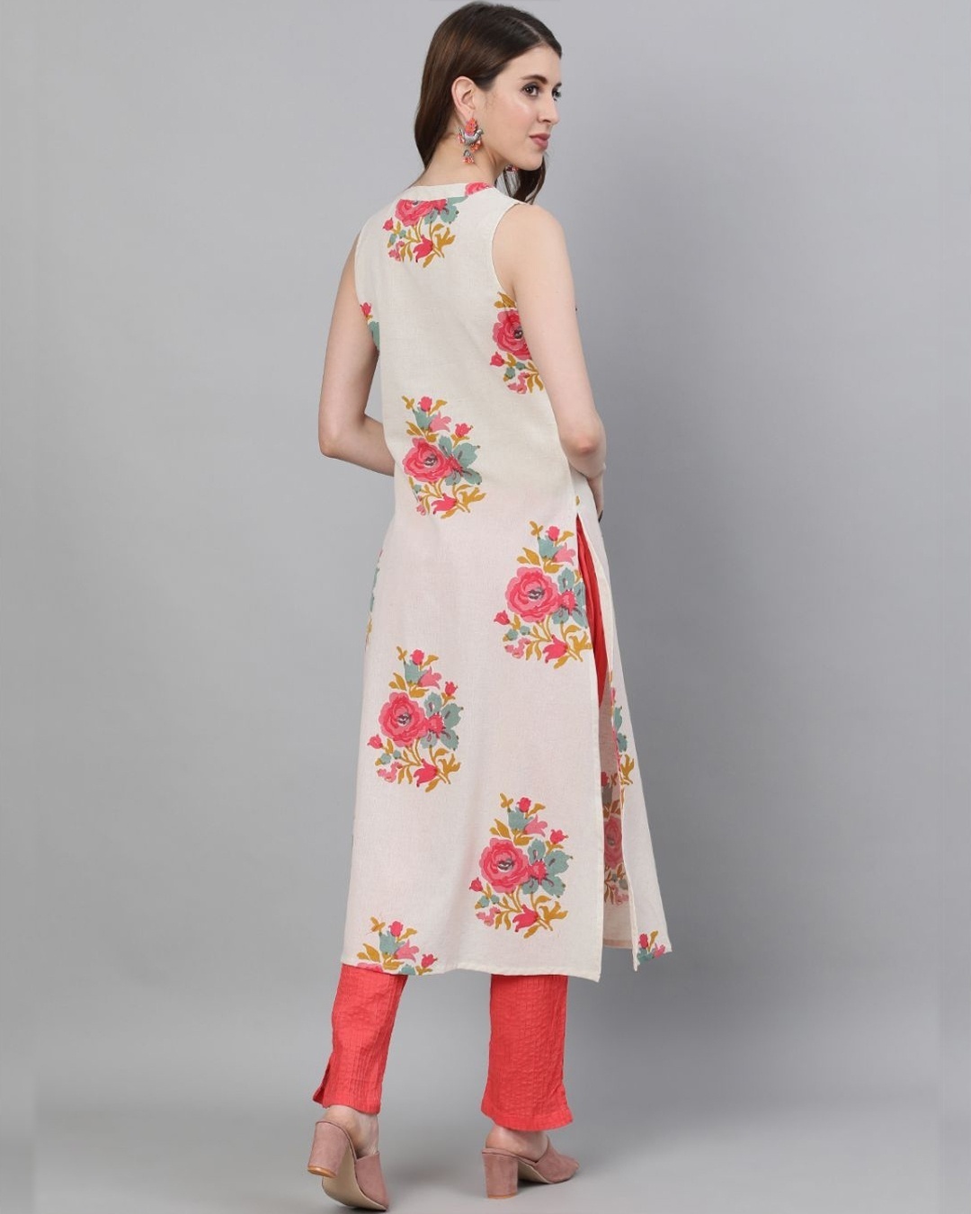 Shop White & Red Floral Printed Straight Kurta-Back