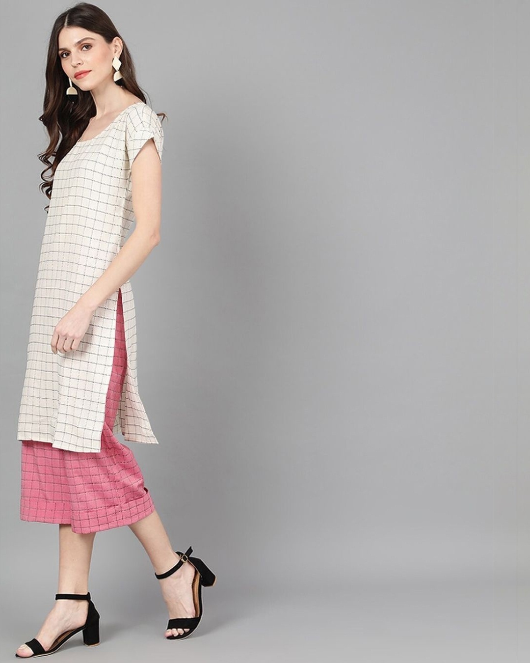 Shop White Woven Design Kurta With Pink Palazzo-Design