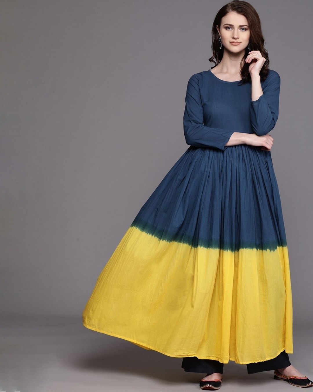 Shop Women Navy Blue & Yellow Dyed Anarkali Kurta-Front