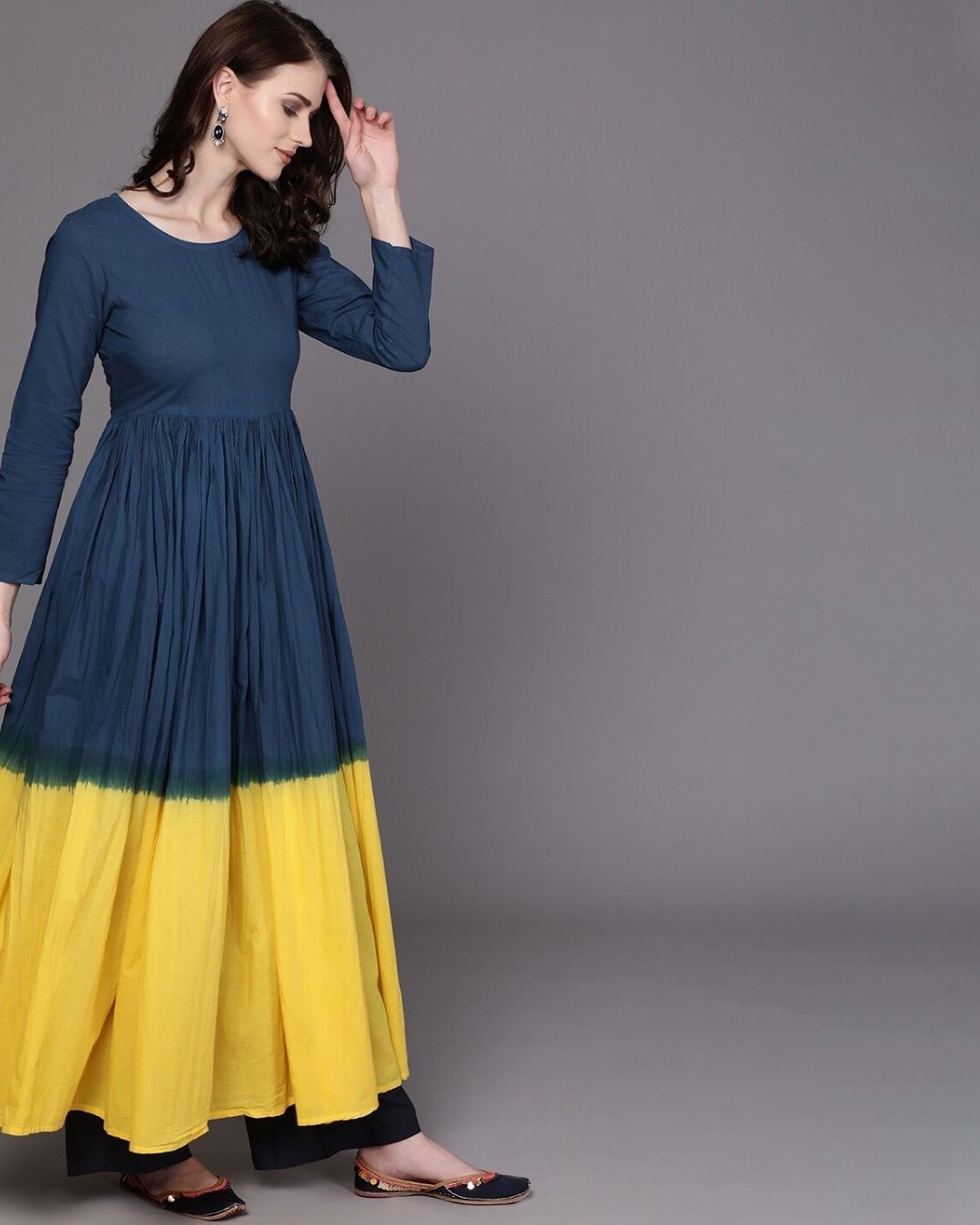 Shop Women Navy Blue & Yellow Dyed Anarkali Kurta-Design