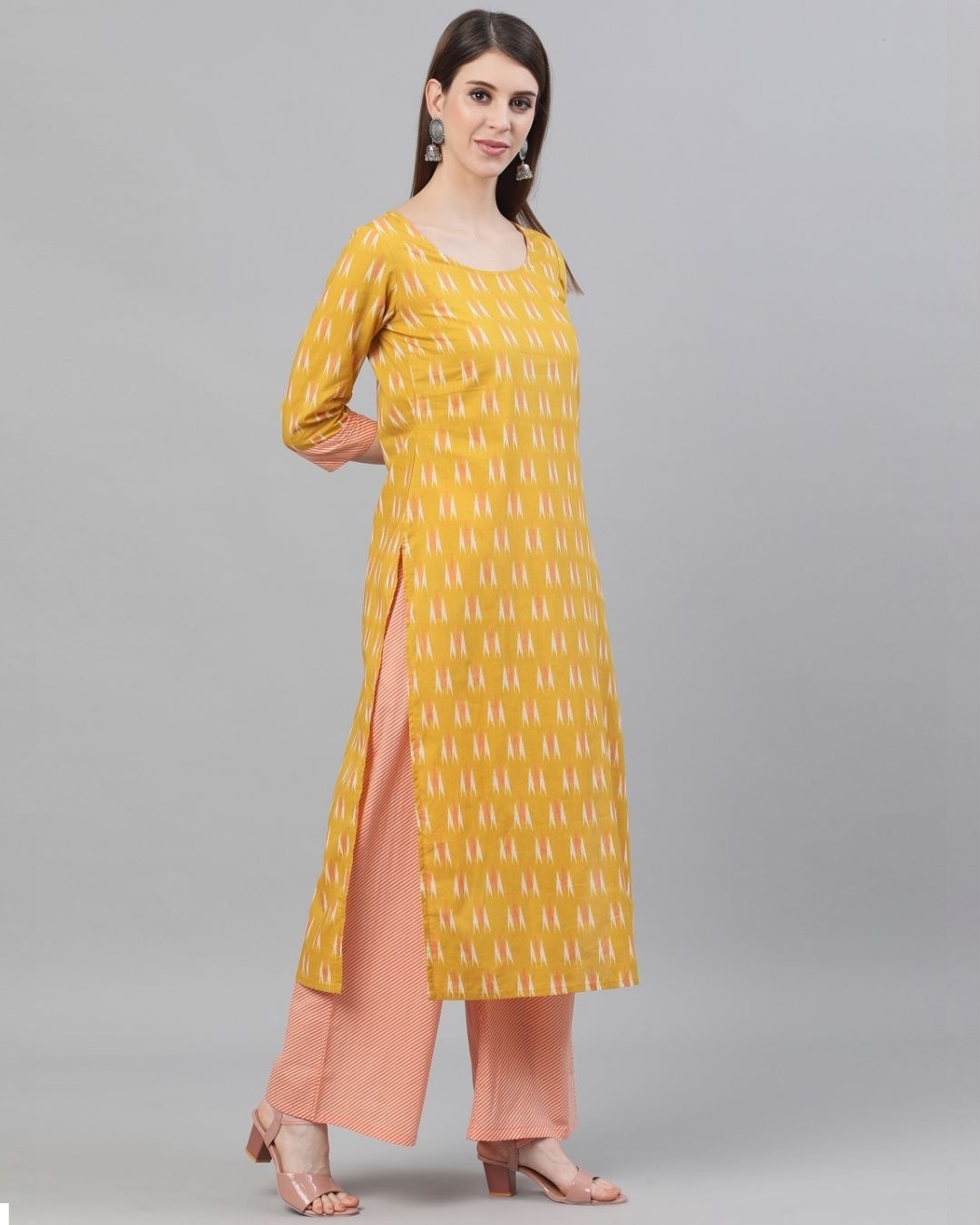 Shop Yellow & Peach Ikat Printed Straight Kurta With Palazzo Set-Full