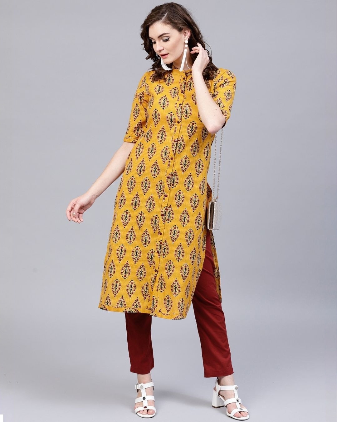 Shop Yellow Printed Kantha Work Straight Kurta With Solid Pant Set-Full