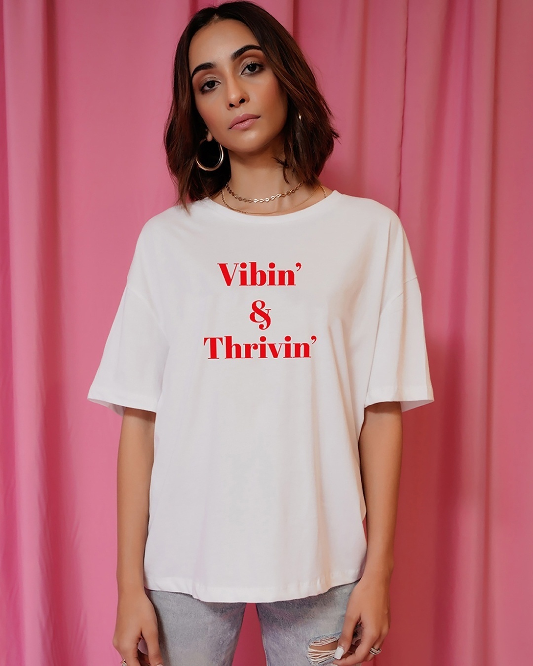 Shop Women's White Printed Oversized Fit T Shirt-Front