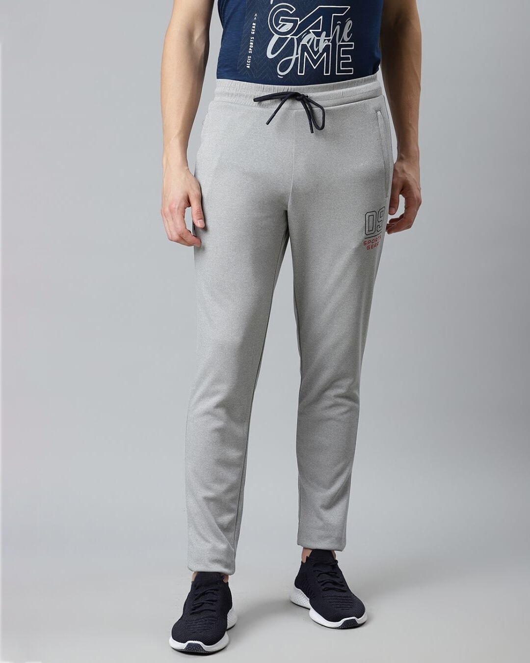 Shop Men Grey Melange Slim Fit Solid Track Pants-Front
