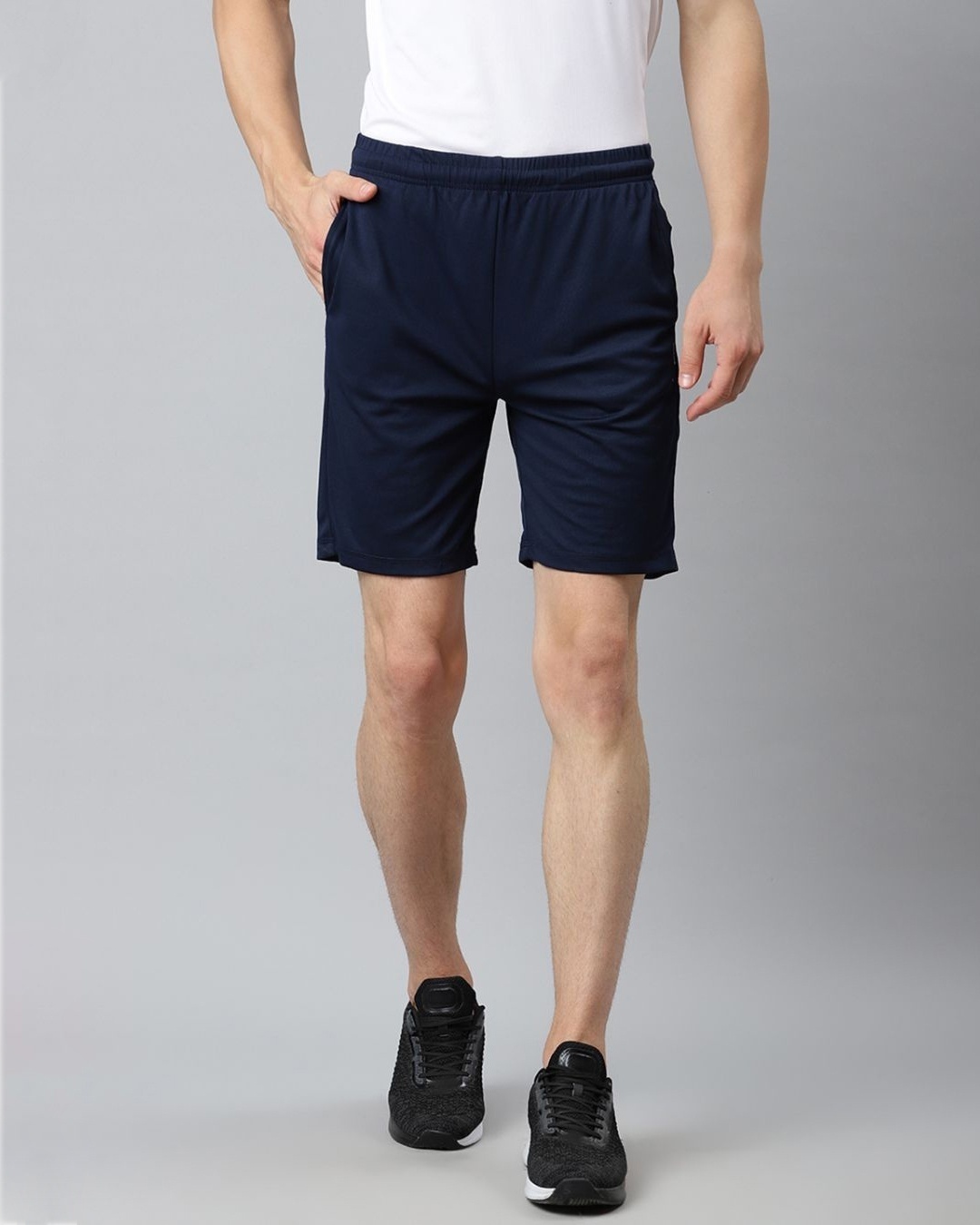 Shop Men Navy Blue Slim Fit Mid Rise Sports Shorts-Front