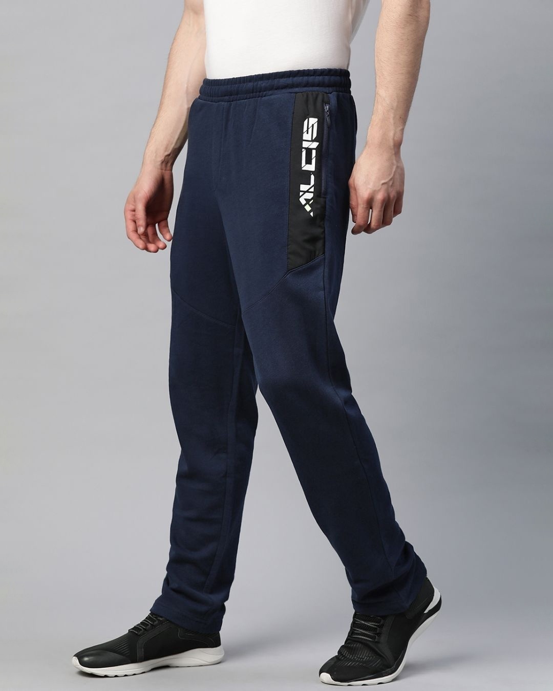 Shop Men Navy Blue Solid Slim Fit Track Pants With Brand Logo Print Detail-Back