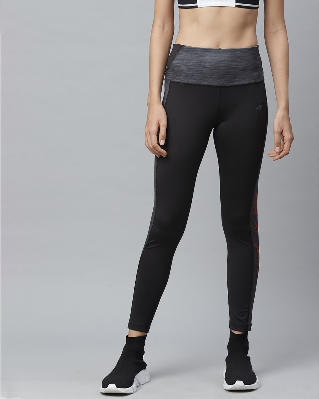 Shop Women Black Printed Detail Fitted Solid Training Tights-Front