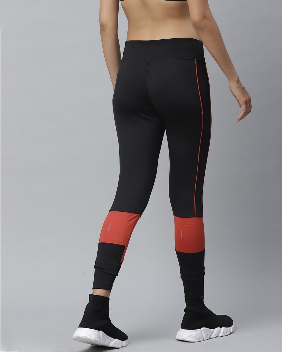Shop Women Black & Rust Orange Colourblocked Fitted Cropped Running Tights