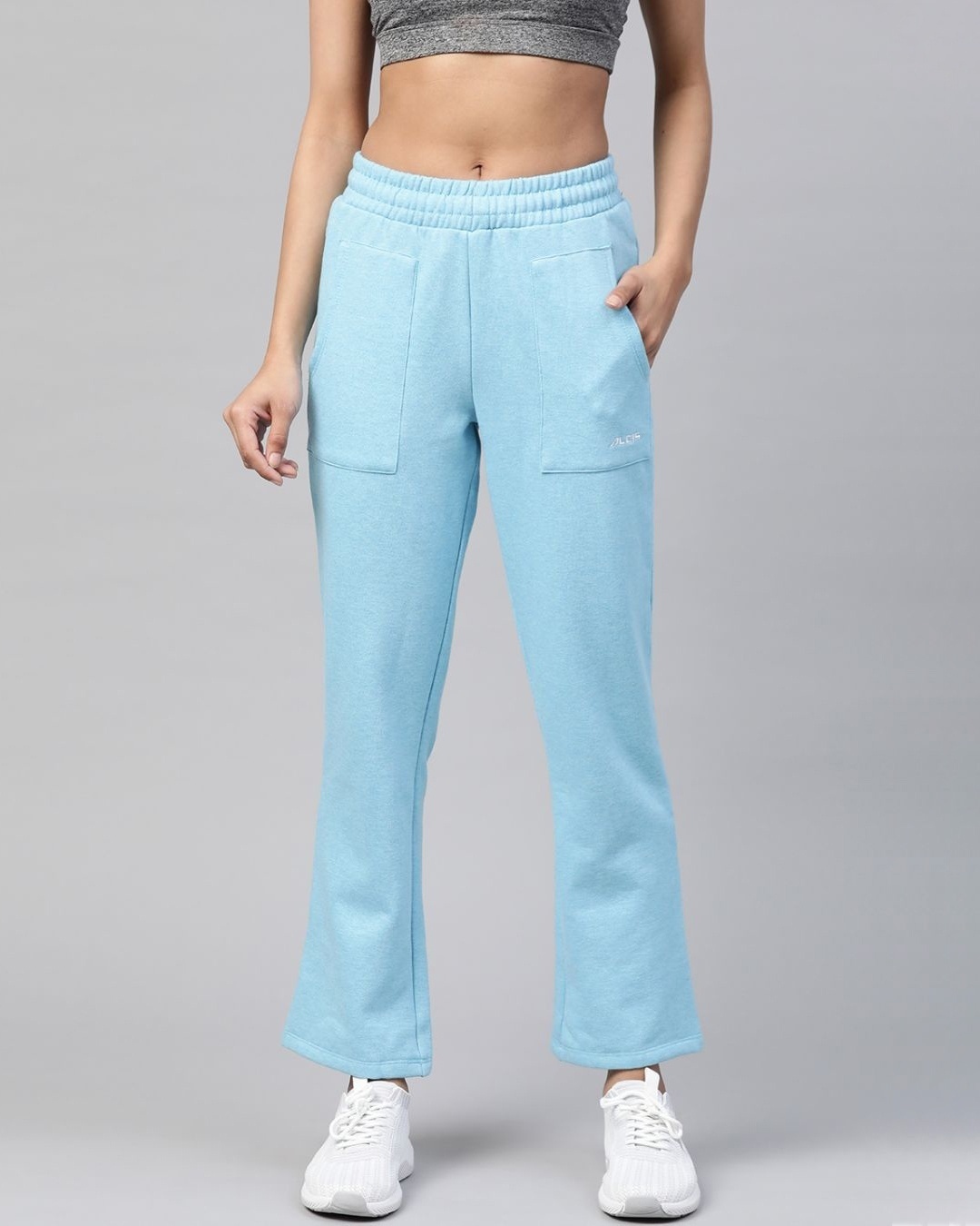Shop Women Blue Slim Fit Solid Knitted Track Pants-Front