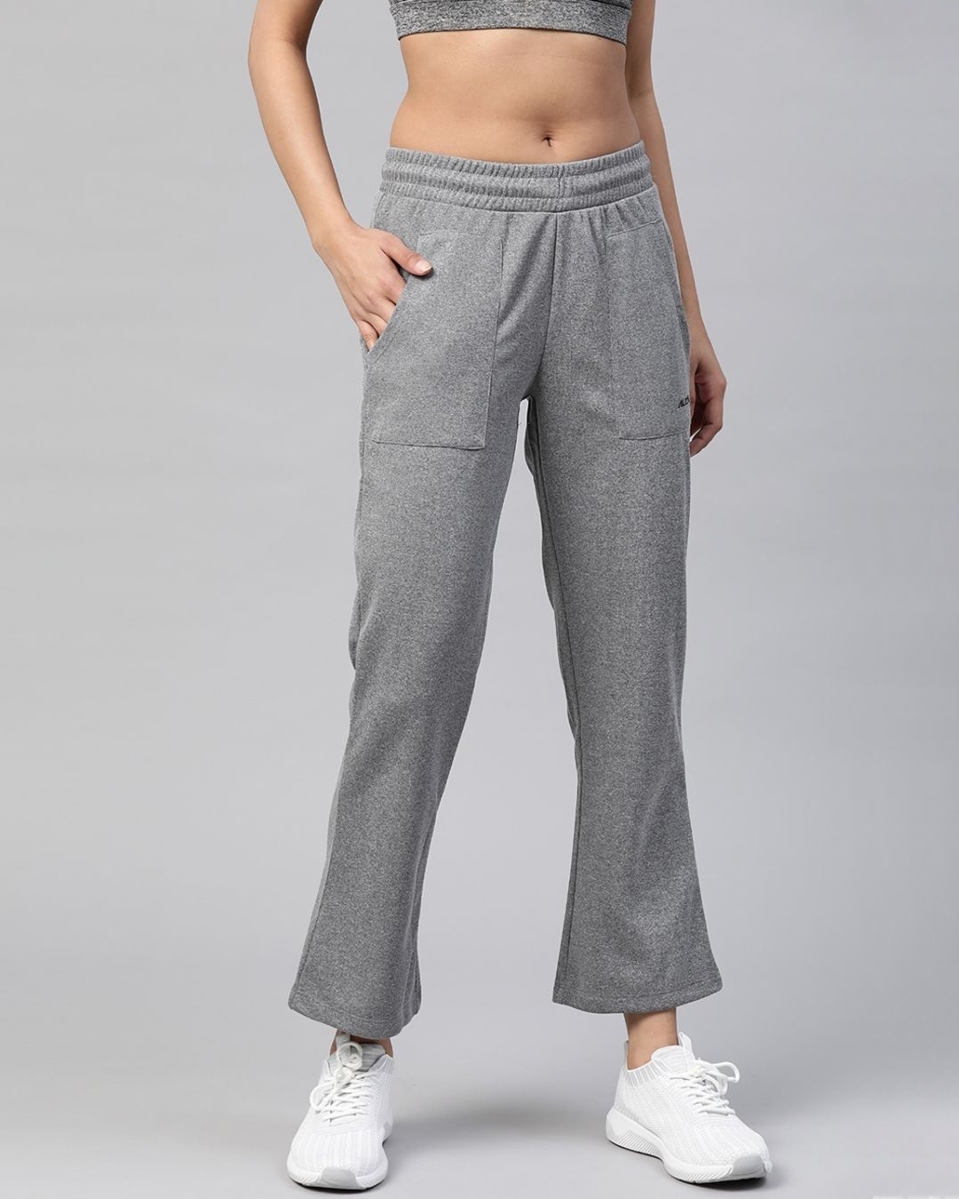Shop Women Grey Melange Slim Fit Solid Knitted Track Pants-Front