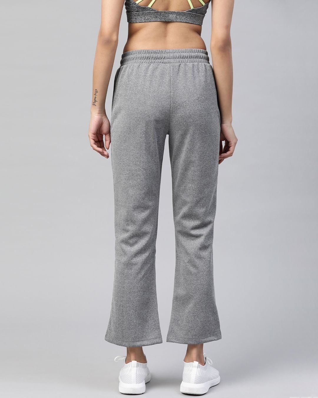 Shop Women Grey Melange Slim Fit Solid Knitted Track Pants-Back