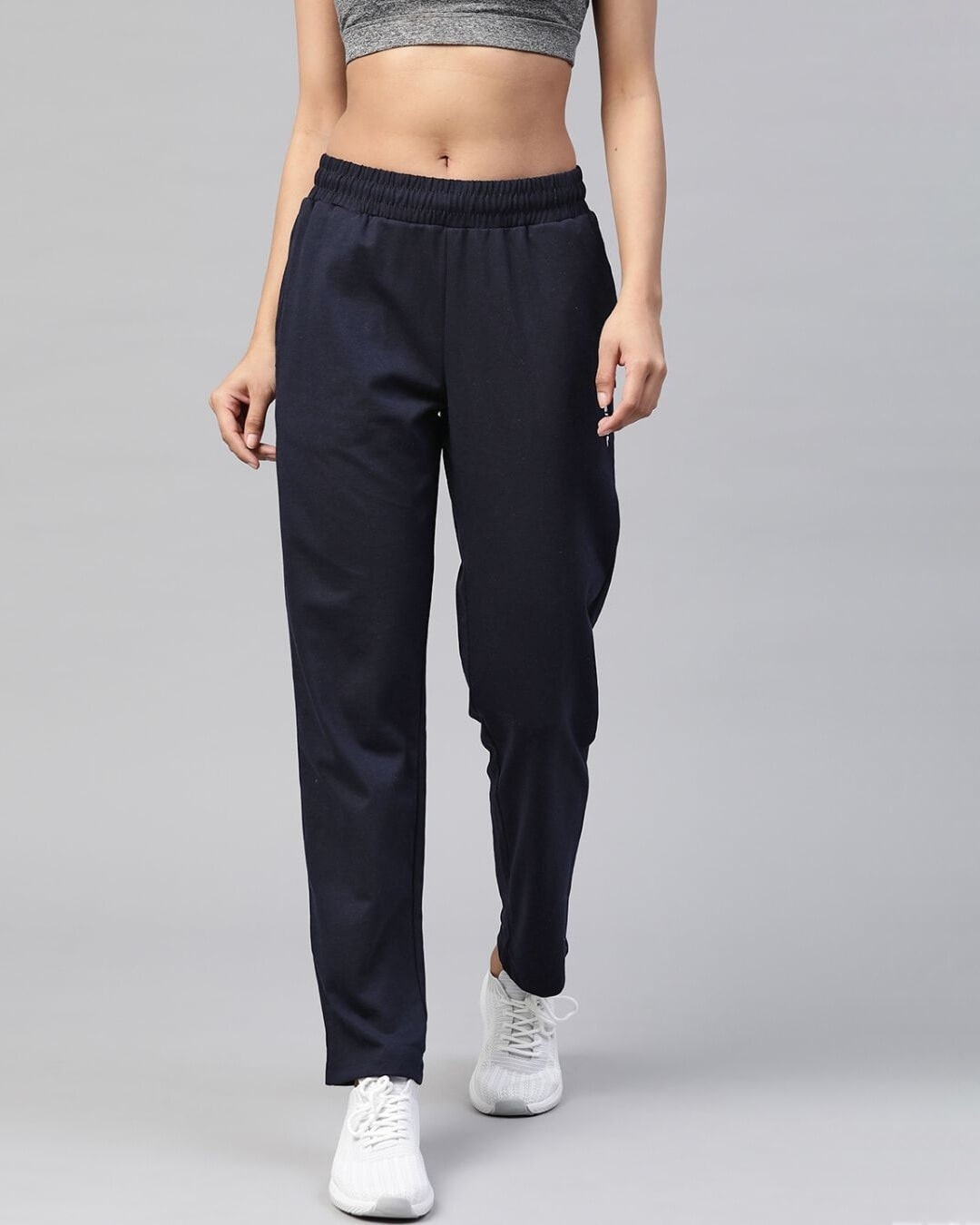 Shop Women Navy Blue Slim Fit Solid Knitted Track Pants-Front