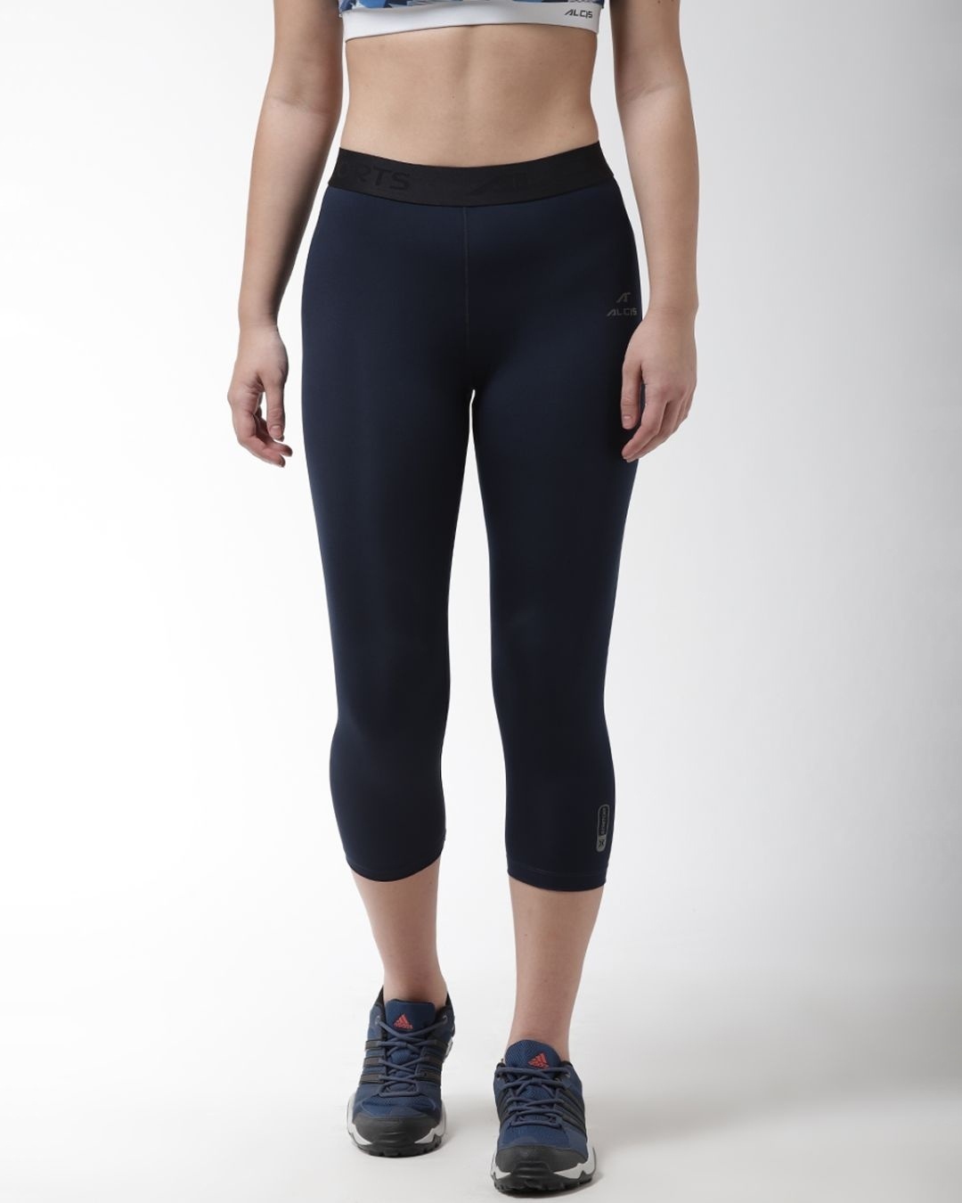 Shop Women Navy Blue Solid 3/4th Compression Training Tights-Front