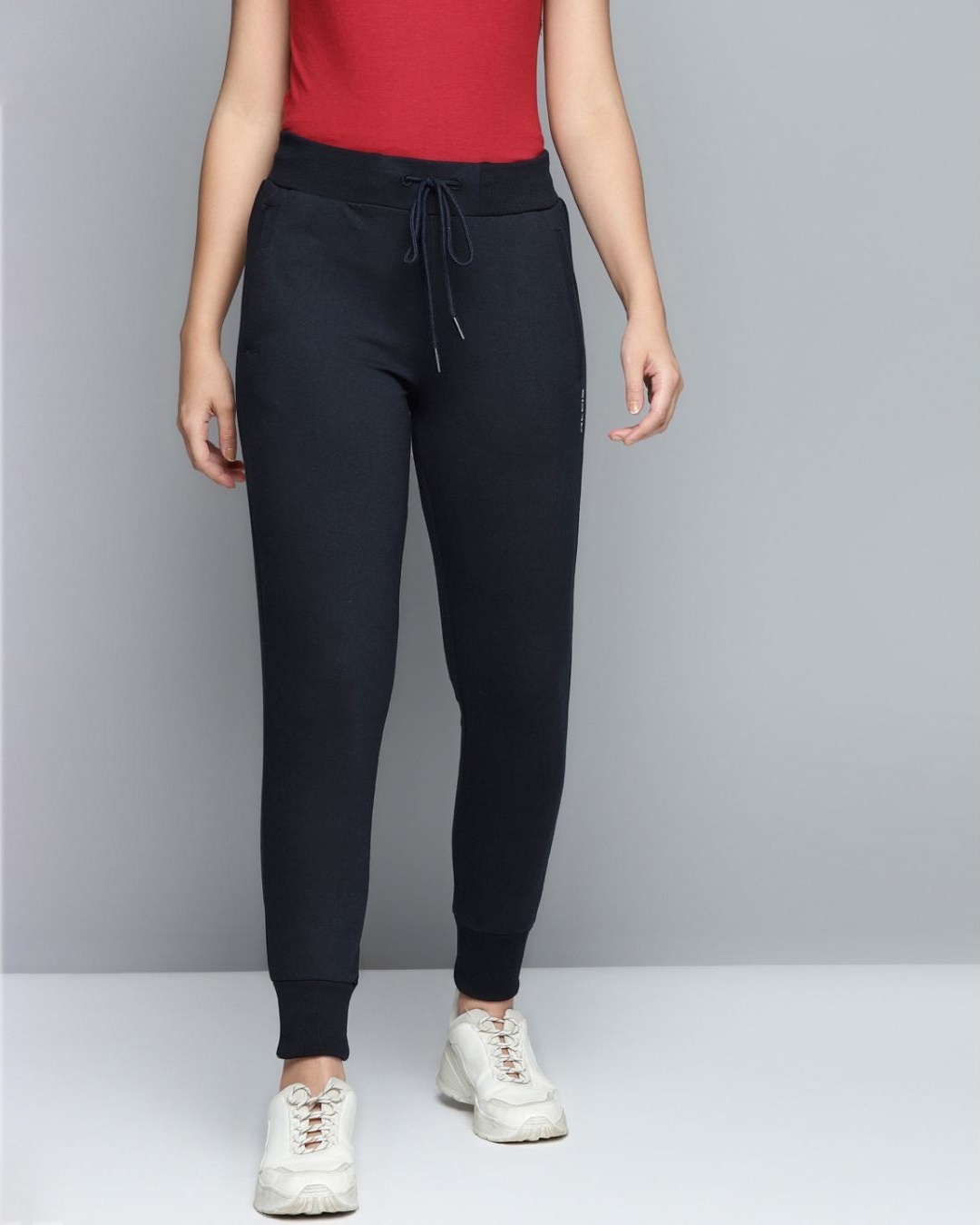Shop Women Navy Blue Solid Joggers-Front